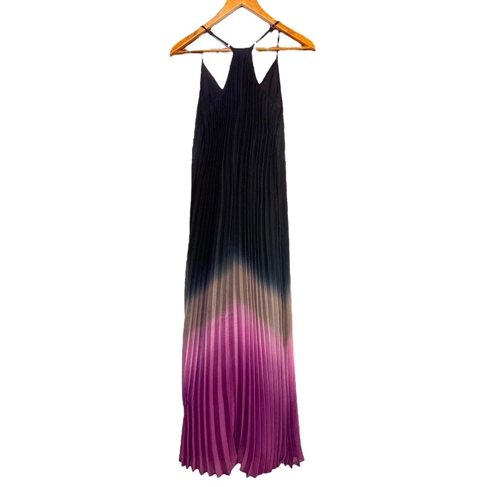 Bar III Women Black Pink Ombre Razor Back Pleated Maxi Sheer Lined Dress Size S